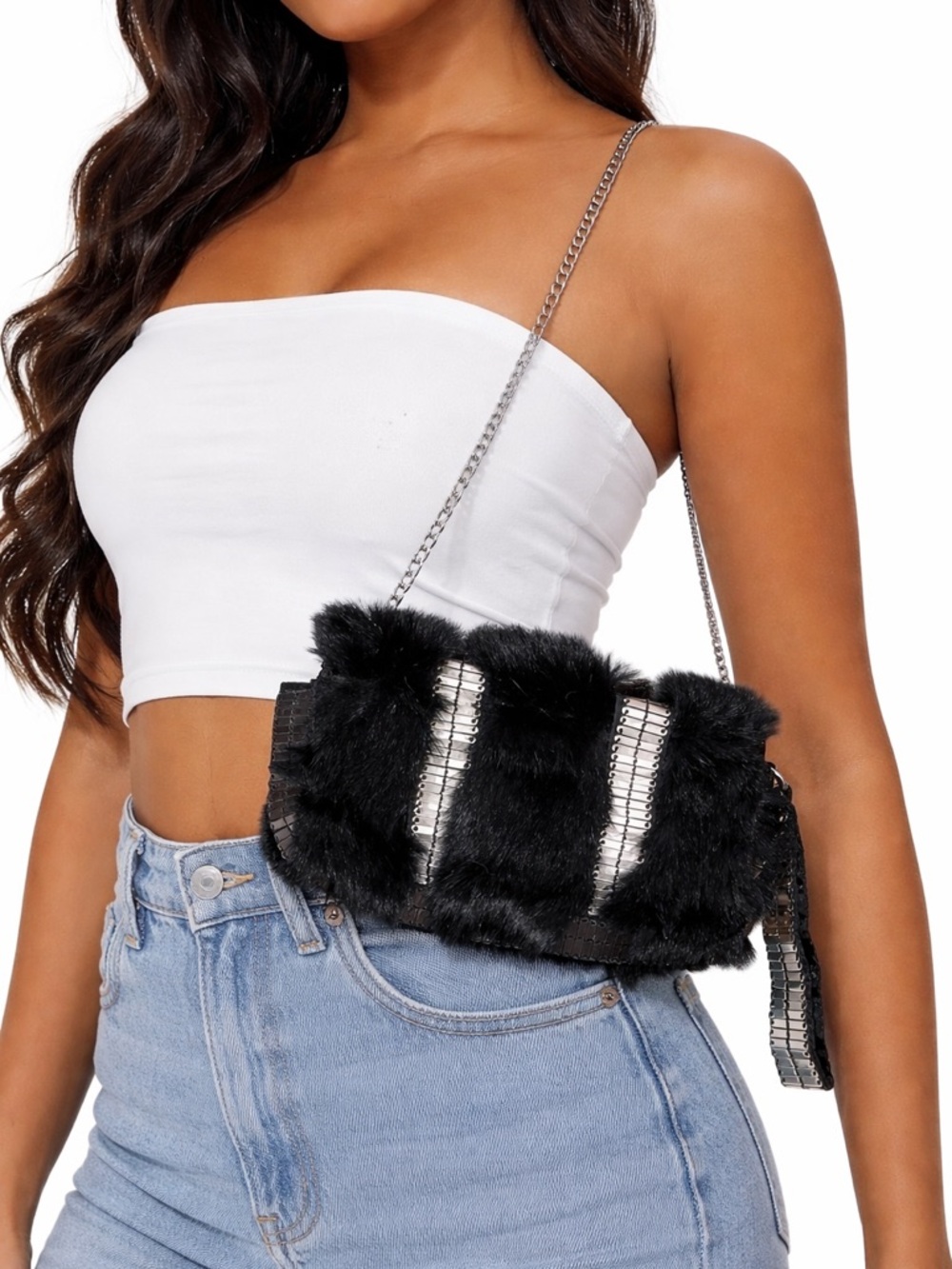 Armani Exchange Faux Fur Chain Bag Y2K Luxe Black